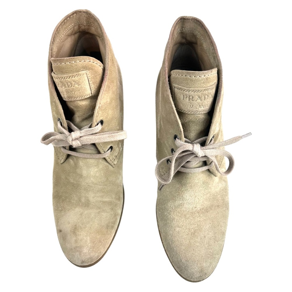 Prada women’s Tan Suede Rounded Toe Lace-Up Wedges Size: 38 - Picture 6 of 16
